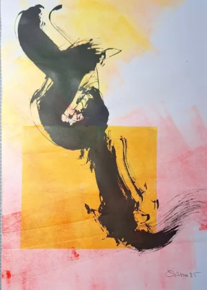Monotipo expresionista en tinta fluorescente sobre papel