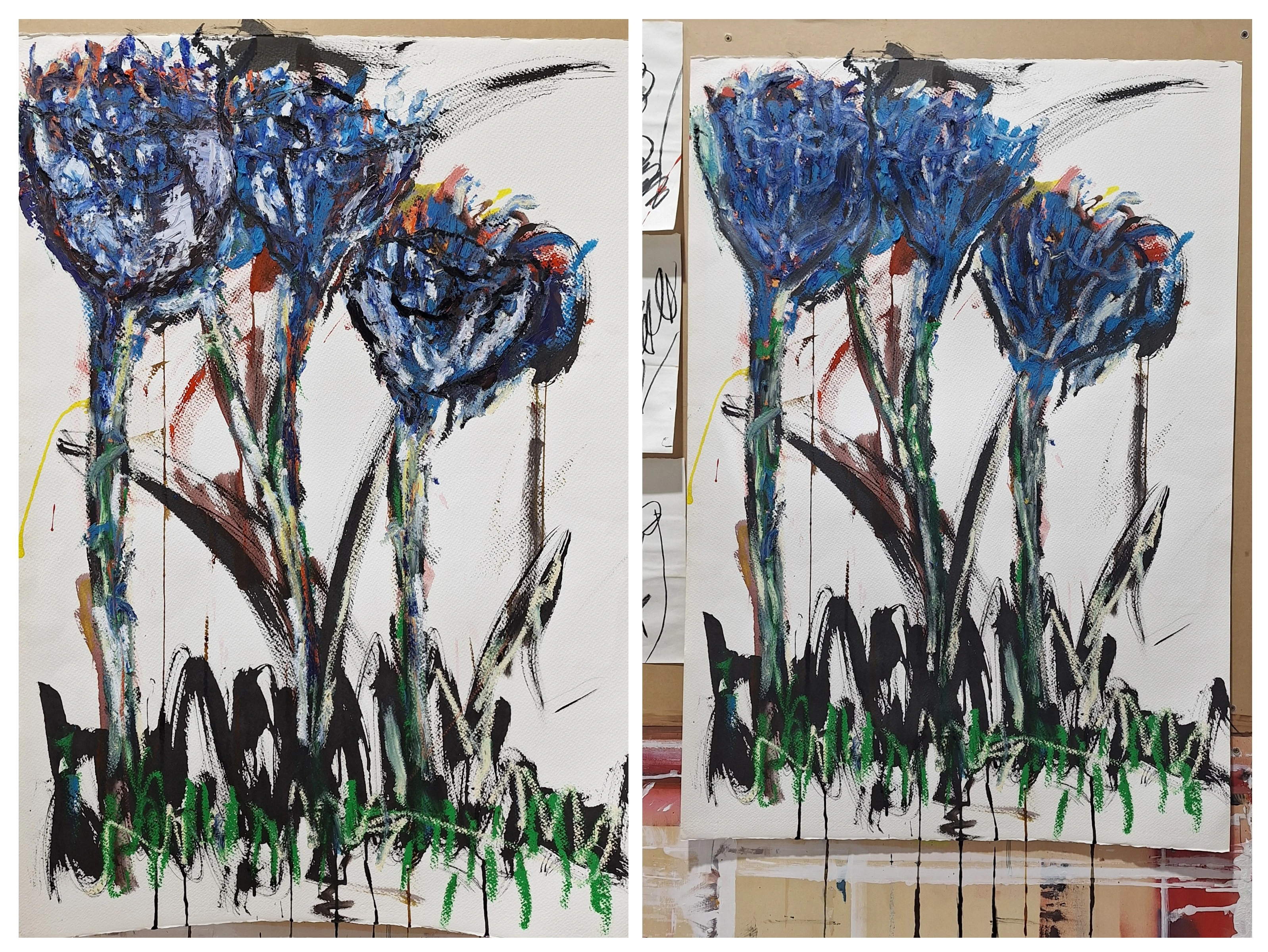 Pintura expresionista con óleo en barra azul cobalto y tinta china, Juanjo Art.