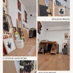 Artista Juanjo Ortubia en su estudio con obras abstractas y perfil de Singulart en un portátil