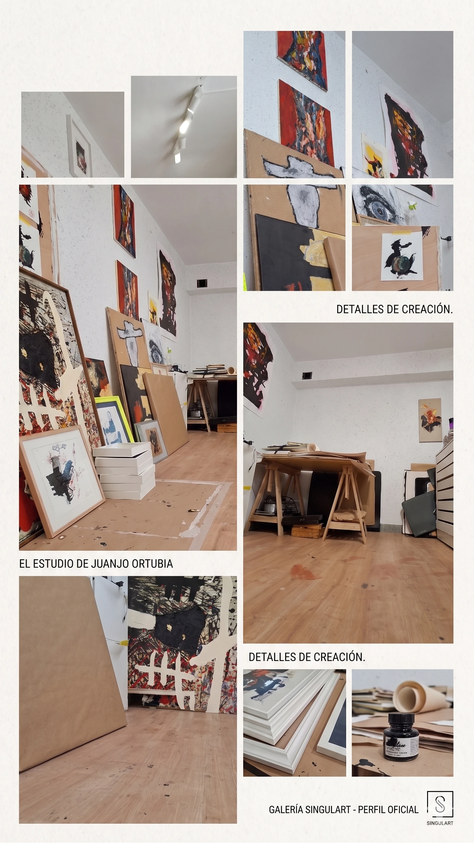 Artista Juanjo Ortubia en su estudio con obras abstractas y perfil de Singulart en un portátil